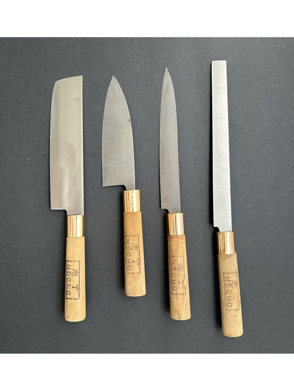 Japenes Kitchen Knife Set Vintage HOCHO set of 4 Wooden Handles w/ Gold Collars